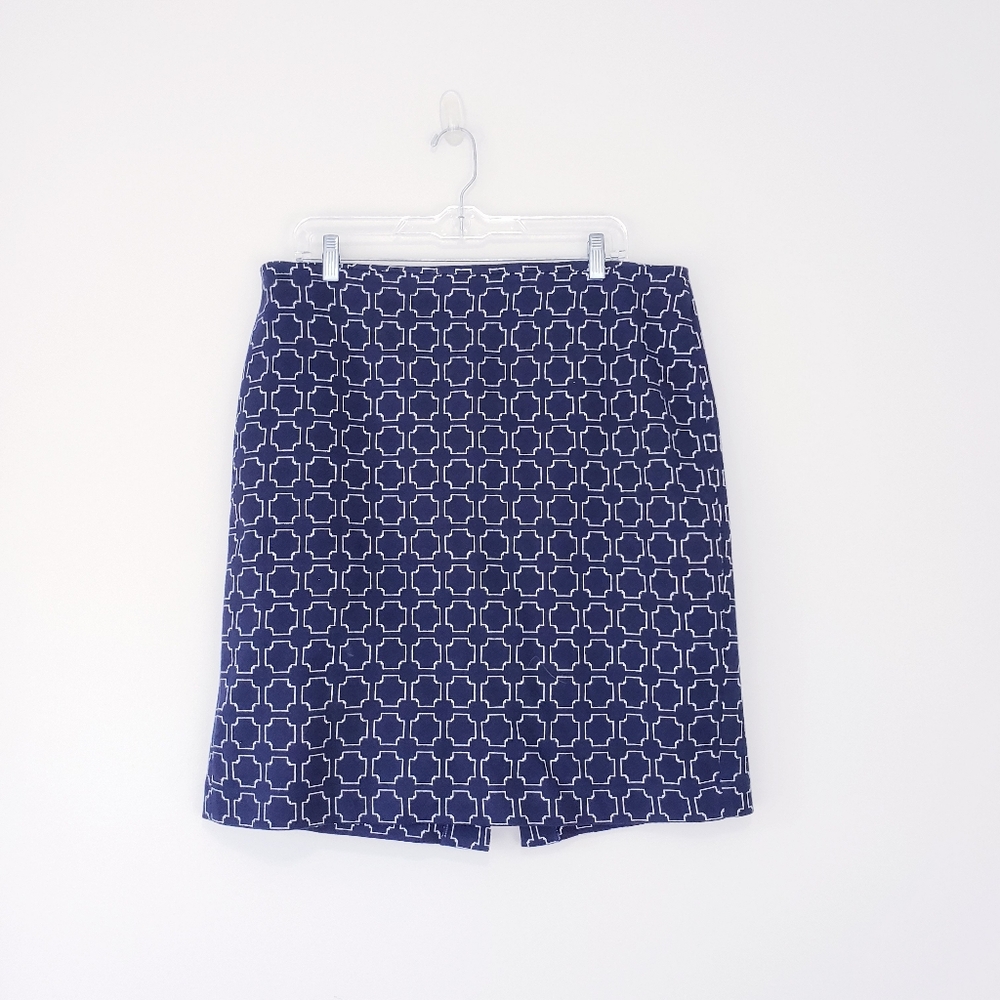Talbots Navy Blue Geometric Jacquard Pencil Skirt Knit Stretch Size 12 Office